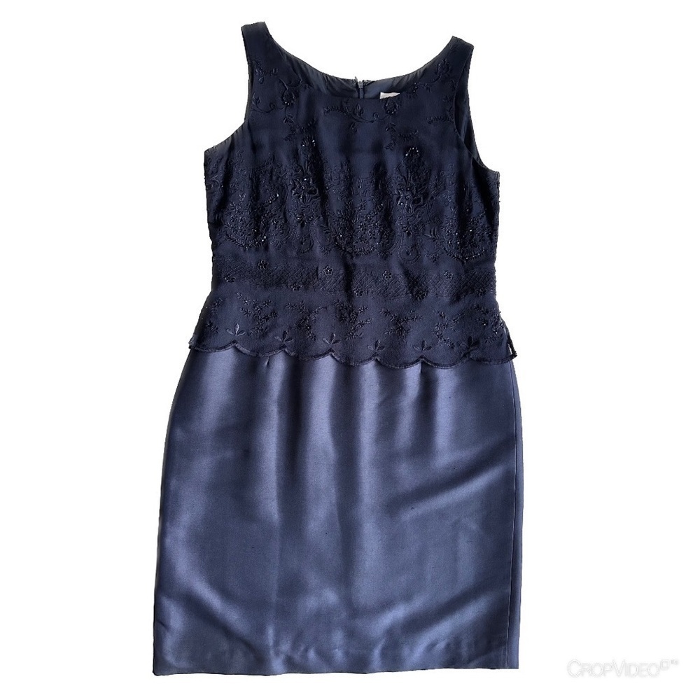 Adrianna Papell Silk Lace Beaded Embroidery  Navy Floral Sheath Dress Wedding 8